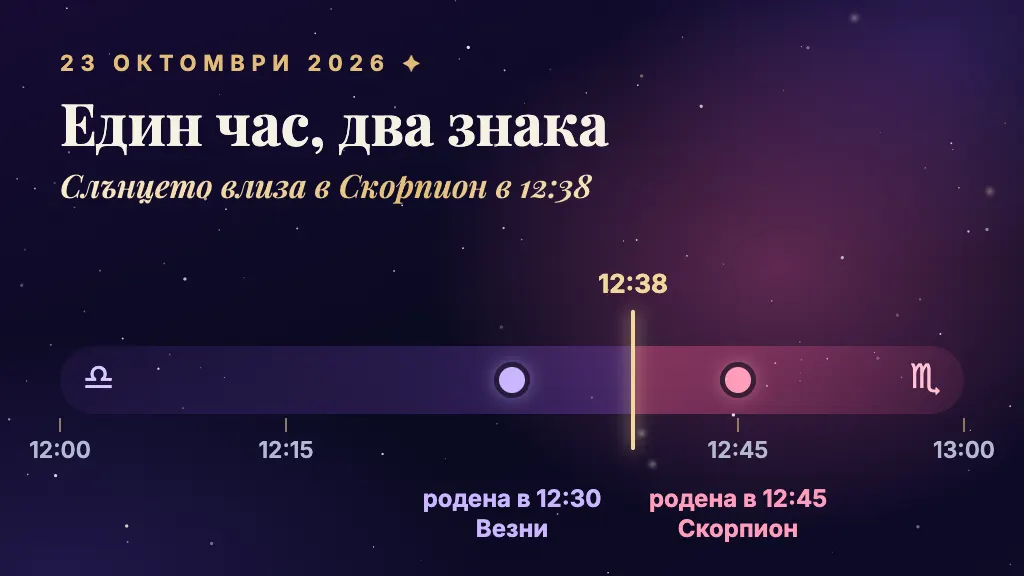 23 октомври 2026: Слънцето влиза в Скорпион в 12:38. Родената в 12:30 е Везни, родената в 12:45 е Скорпион