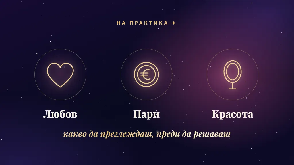 Три златни знака: сърце за любовта, монета за парите и огледало за красотата